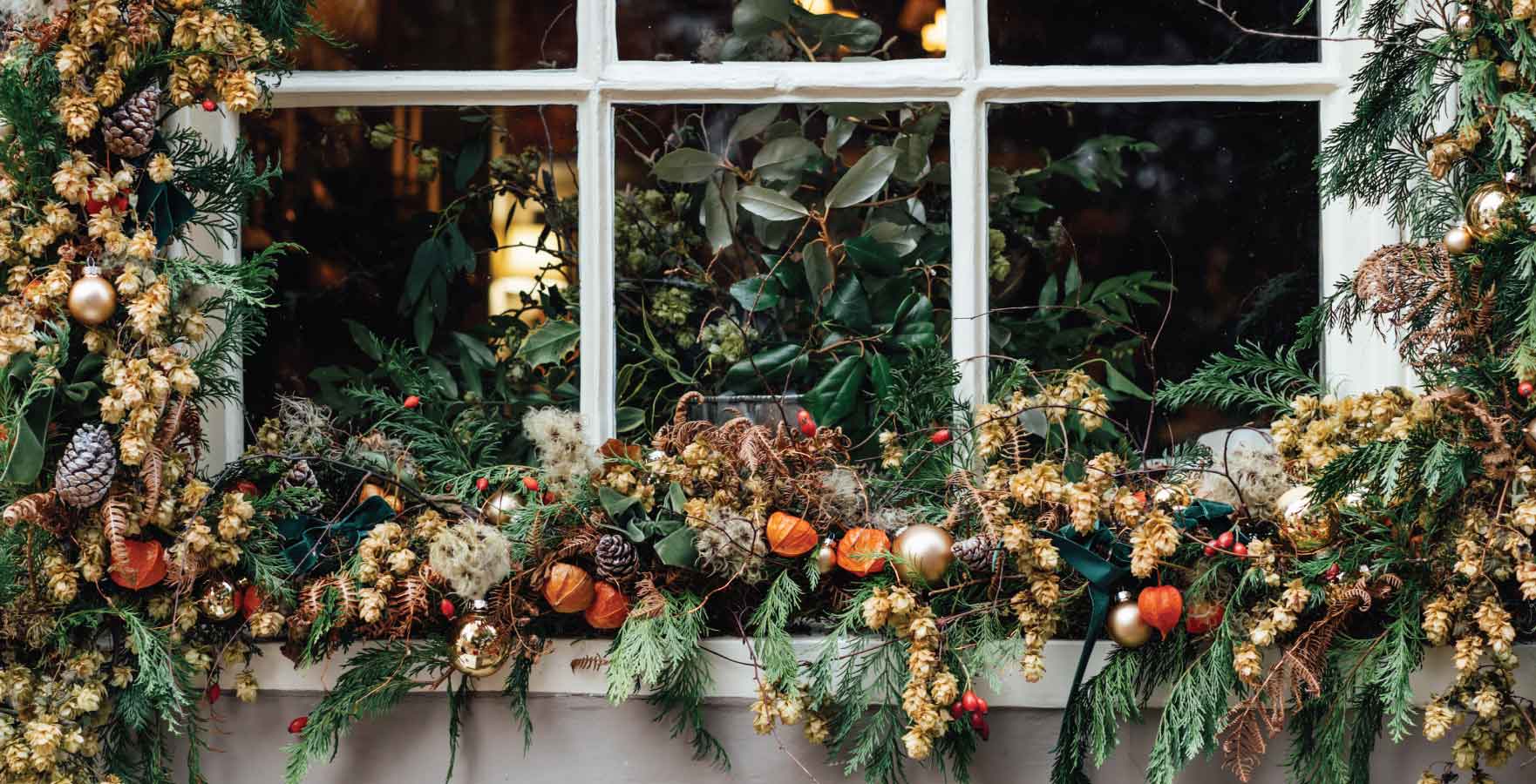 Christmas window display flowers and foliage