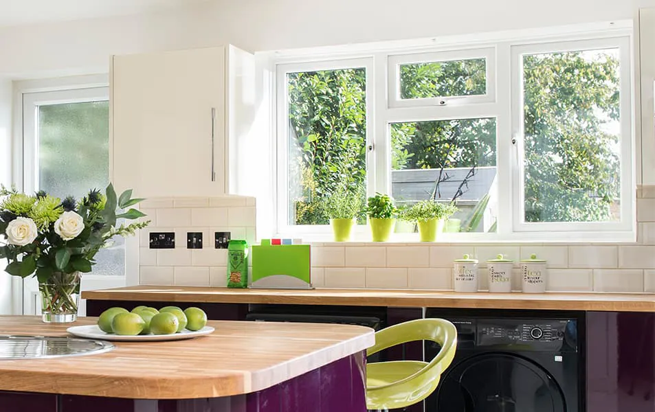 White Everest windows in a kitchen with green plants